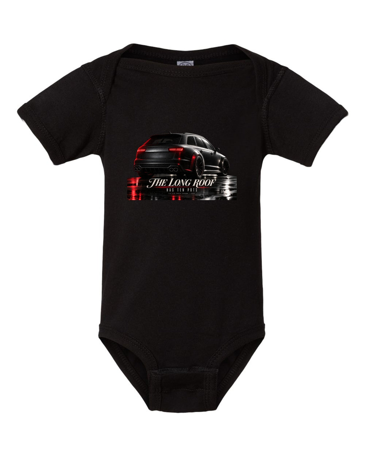 Audi RS6 Avant C6 4F V10 rear three-quarter in a garage with long roof text black baby onesie front view with the design