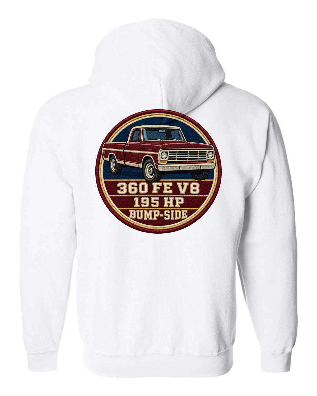 Bump-Side Ford F-Series 1967-72 Crest print Tee white zip hoodie back view with the design