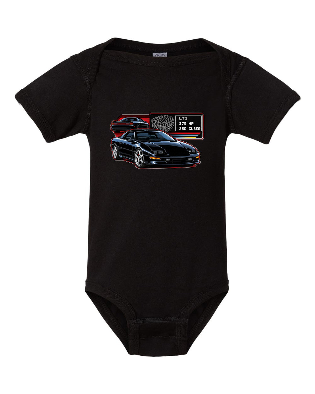 1993 Camaro Z28 fourth-generation spec plate design with the text LT1 275 HP 350 Cubes black baby onesie front view with the design