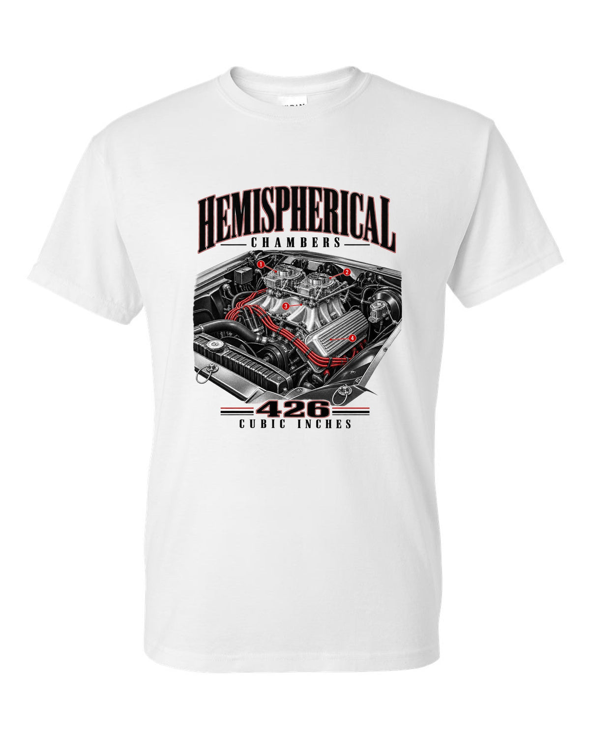 Engine hero print of a 1970 Plymouth Cuda E-body 426 Hemi white t-shirt front view with the design