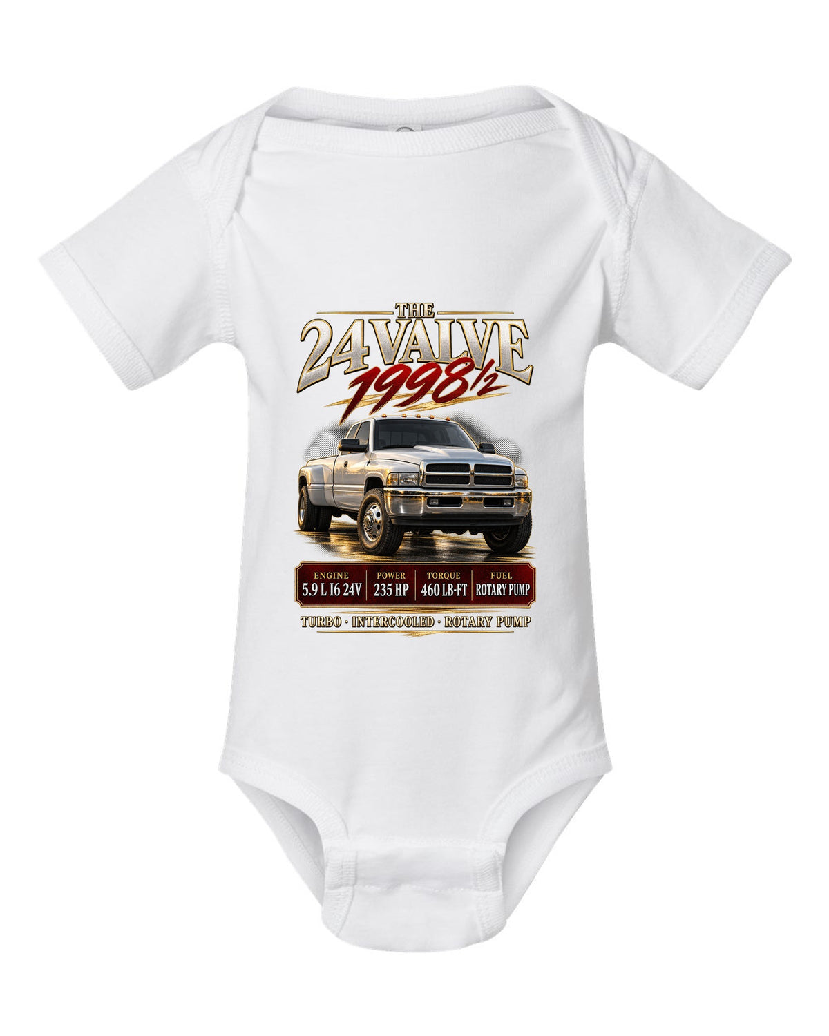 Archive panel of a 1998.5-2002 Ram 2500 2nd gen 24V with 235 HP and 460 lb-ft white baby onesie front view with the design