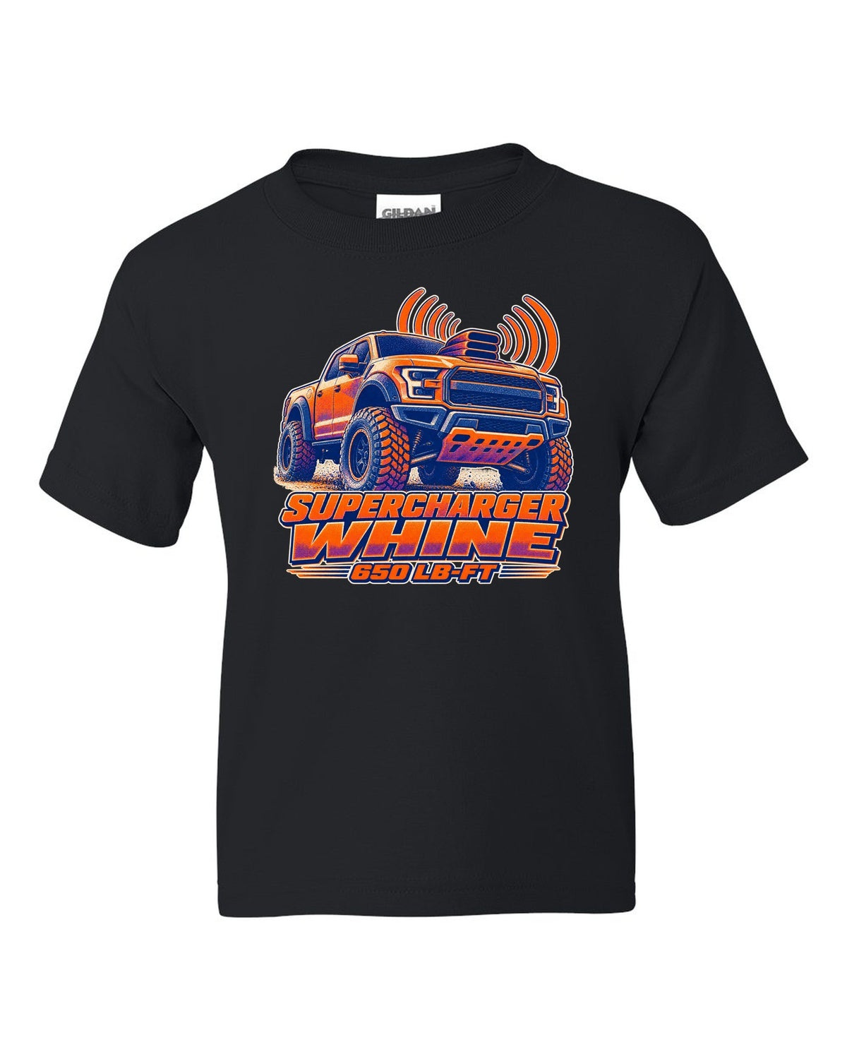 Halftone risograph print of a Ram 1500 TRX hood scoop with supercharger whine text black kids tee front view with the design