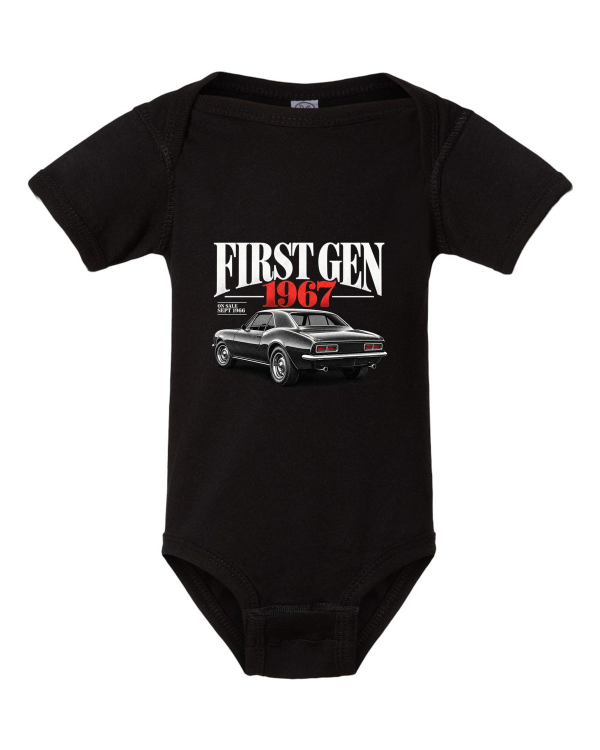 Editorial headline print of a 1967 first-gen Chevrolet Camaro with September 1966 on-sale date black baby onesie front view with the design