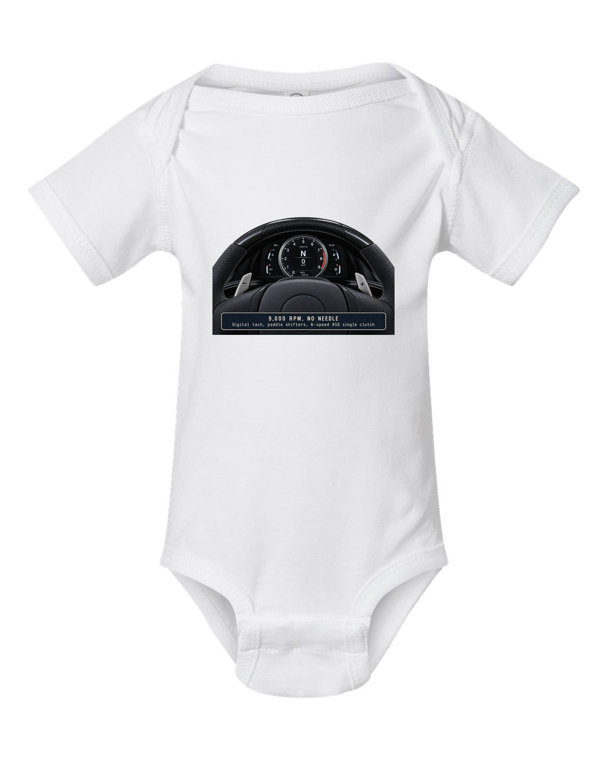 Engine hero print of the Lexus LFA 1LR-GUE 4.8 L V10 white baby onesie front view with the design