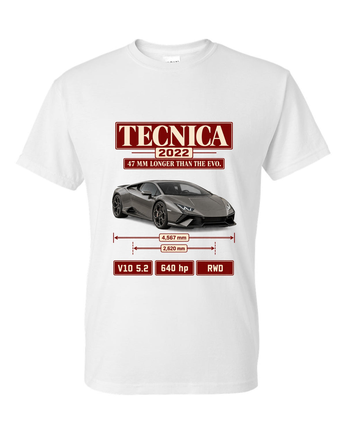 Archive panel print of the Lamborghini Huracan Tecnica white t-shirt front view with the design