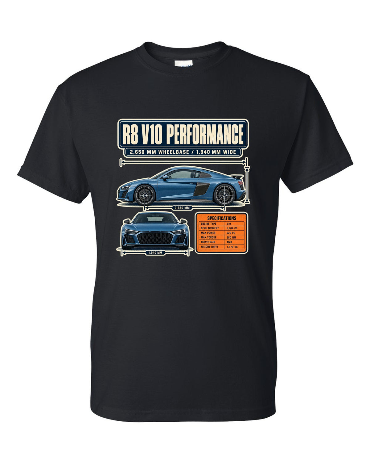 Audi R8 V10 performance Type 4S dimension blueprint print design black t-shirt front view with the design