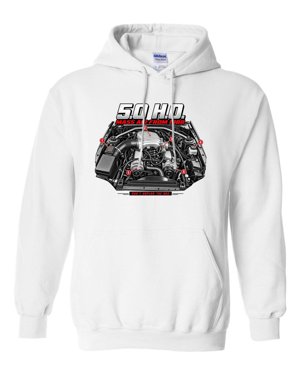 print of a 1989 Ford Mustang Fox Body 5.0 H.O. engine bay white pull over hoodie front view with the design