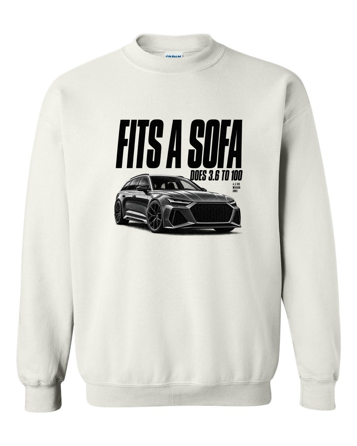 Halftone print of an Audi RS6 Avant C8 front three-quarter with Fits A Sofa caption white crewneck front view with the design