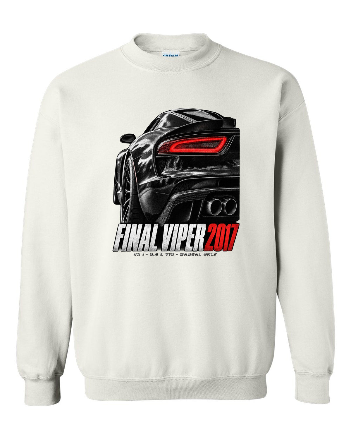 2014 Dodge Viper SRT VX I rear taillight macro print with Final Viper 2017 lettering white crewneck front view with the design