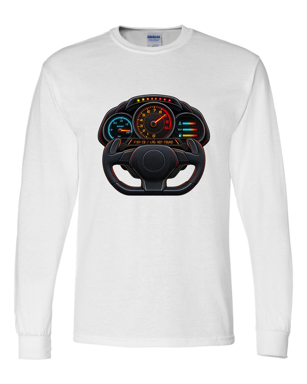 Ferrari 488 GTB boost gauge cockpit print with F154 CB engine code white long sleeve front view with the design