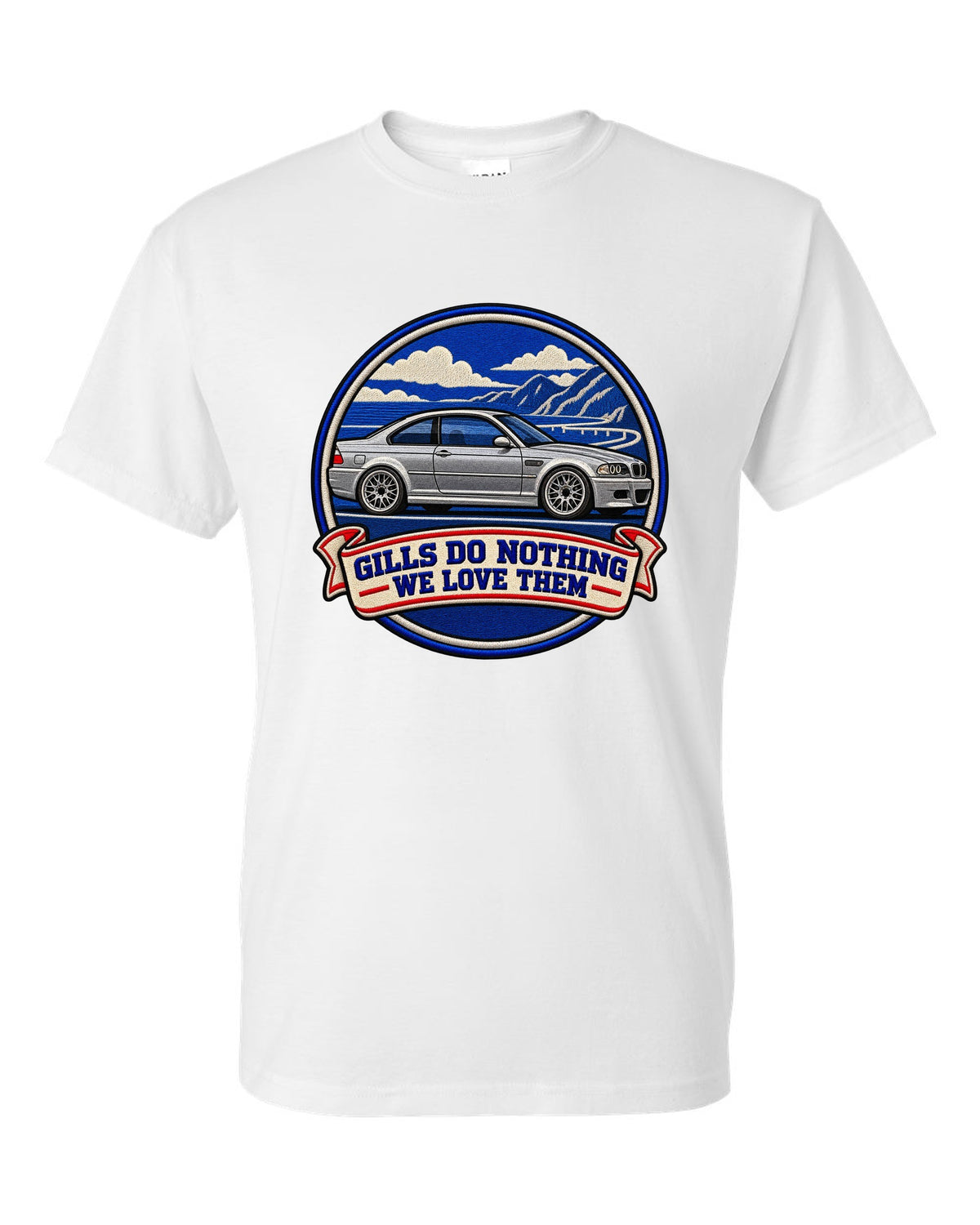 Varsity crest style print of a BMW E46 M3 coupe with gills do nothing we love them text white t-shirt front view with the design