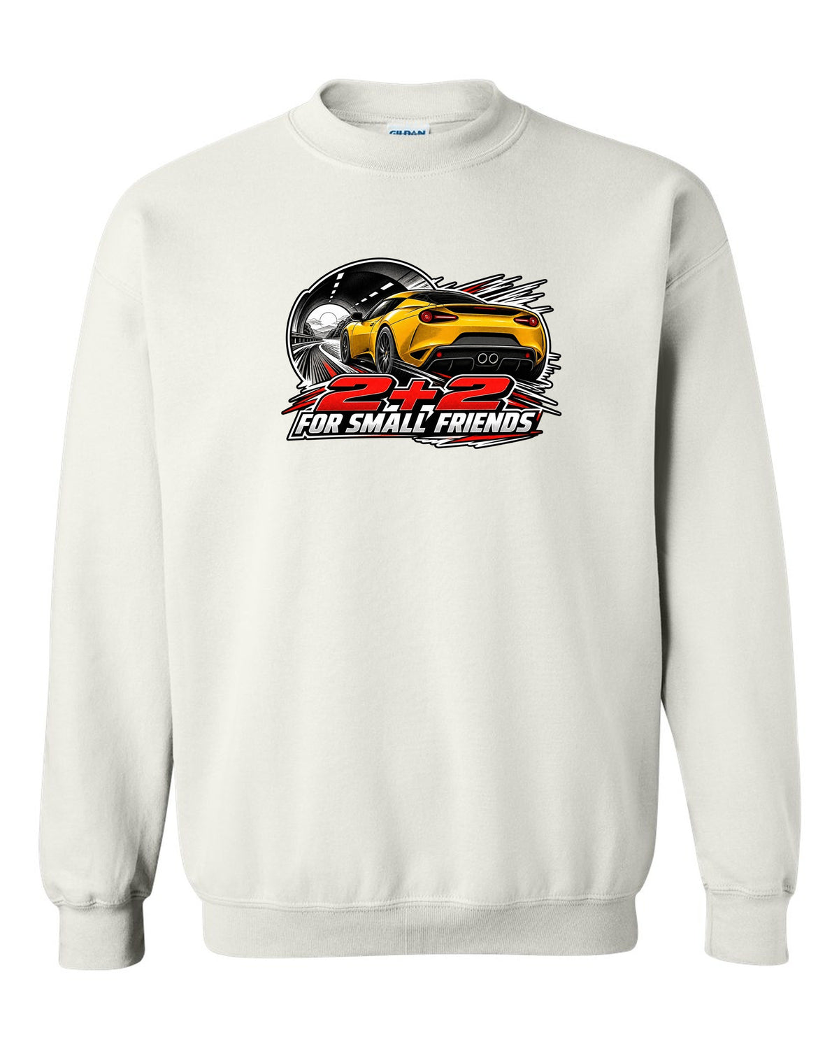 Lotus Evora rear view in retro manga halftone with 2+2 FOR SMALL FRIENDS lettering white crewneck front view with the design