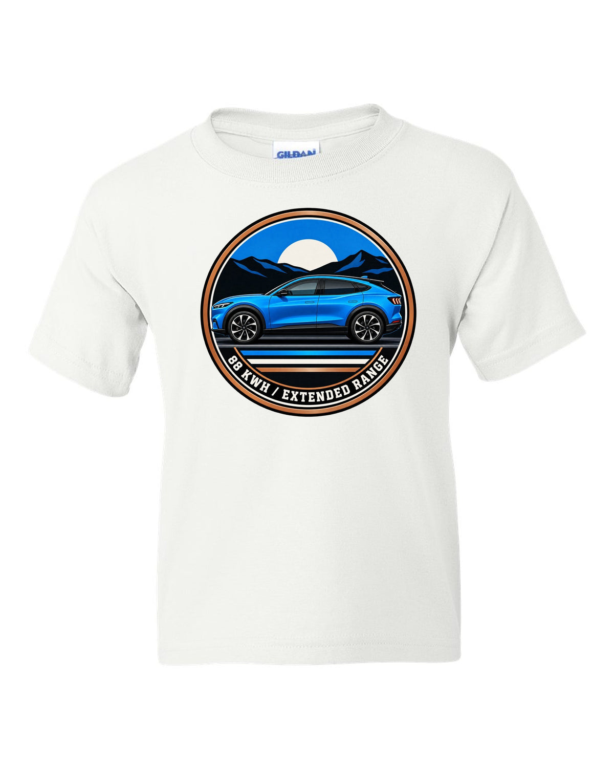 Gauge-cluster HUD print of a 2020 Mustang Mach-E CX727 showing One Gear 3.5 Sec white kids tee front view with the design