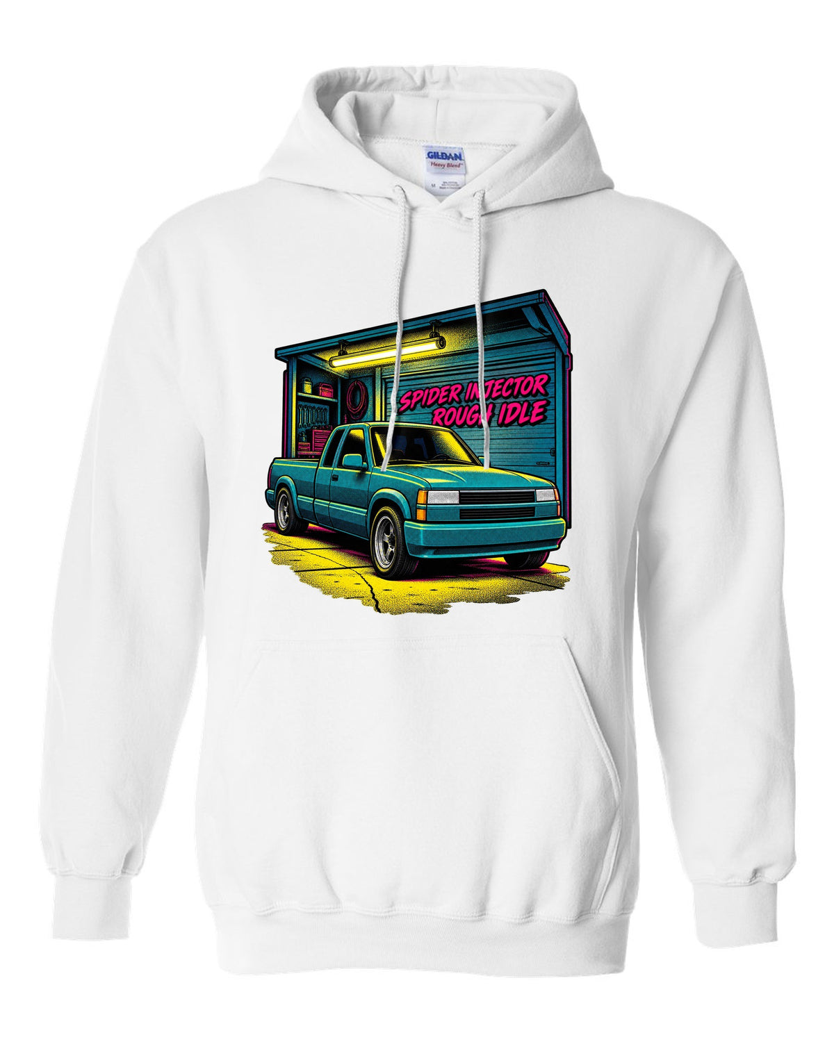 Comic halftone pop-art print of a 1988-98 Chevrolet GMT400 C1500 OBS extended cab with spider injector rough idle lettering white pull over hoodie front view with the design
