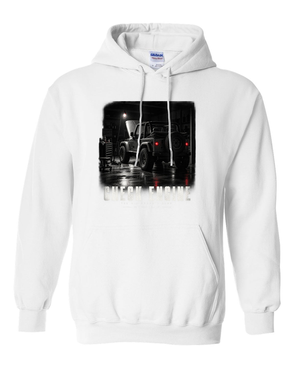 Garage night print for the Jeep Wrangler TJ, Check Engine The 4.0 Doesn't Care white pull over hoodie front view with the design