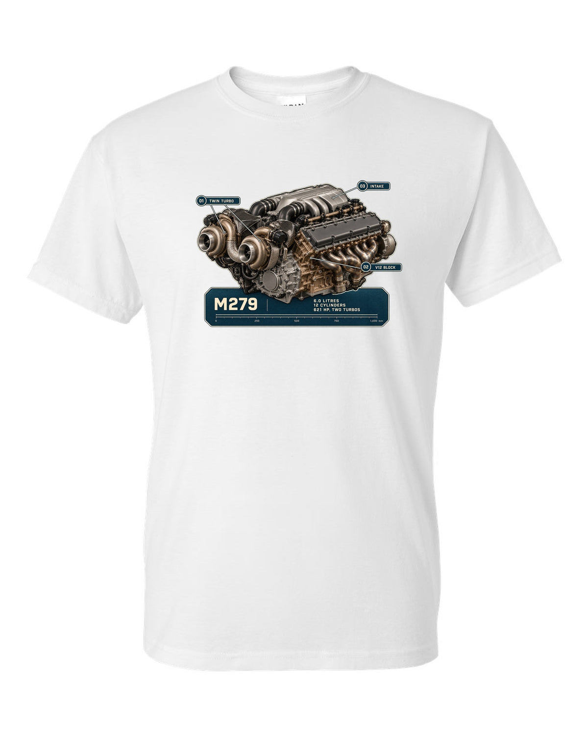 Mercedes-Maybach S680 M279 6.0 litre V12 biturbo engine hero print white t-shirt front view with the design