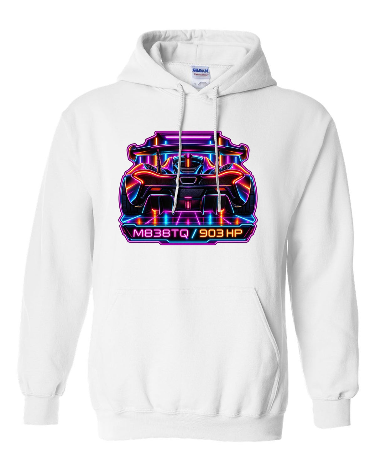 Synthwave neon print of the McLaren P1 with M838TQ and 903 HP lettering white pull over hoodie front view with the design