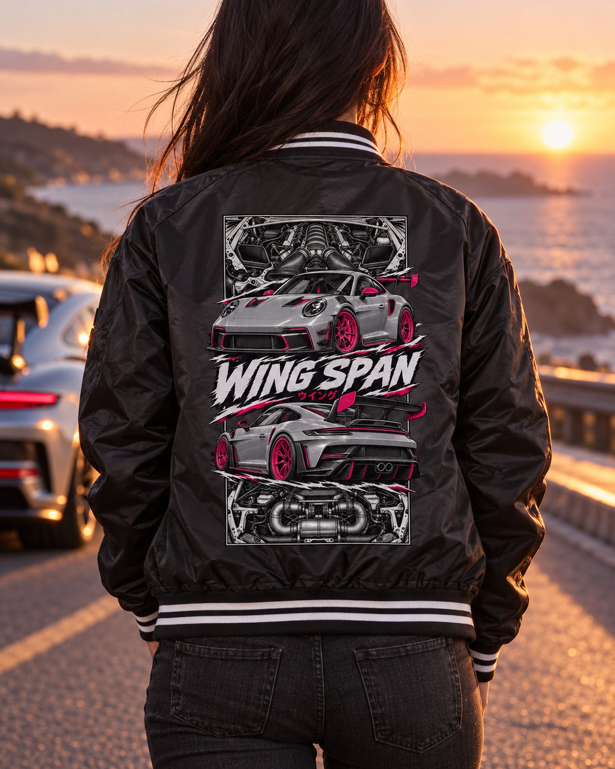 Porsche 992 Gt3 Rs Torn Poster Full-Back Graphic Tee Bomber Jacket Black worn hero