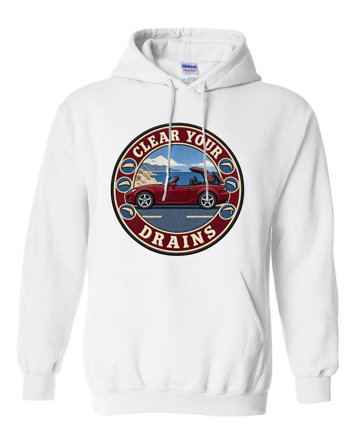 Embroidery-style roundel crest of a Mazda MX-5 NC with clear your drains text white pull over hoodie front view with the design