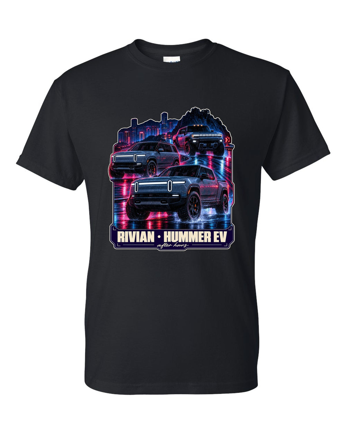 Night street print of the Range Rover Sport SV L461 on a wet road at 2 AM black t-shirt front view with the design