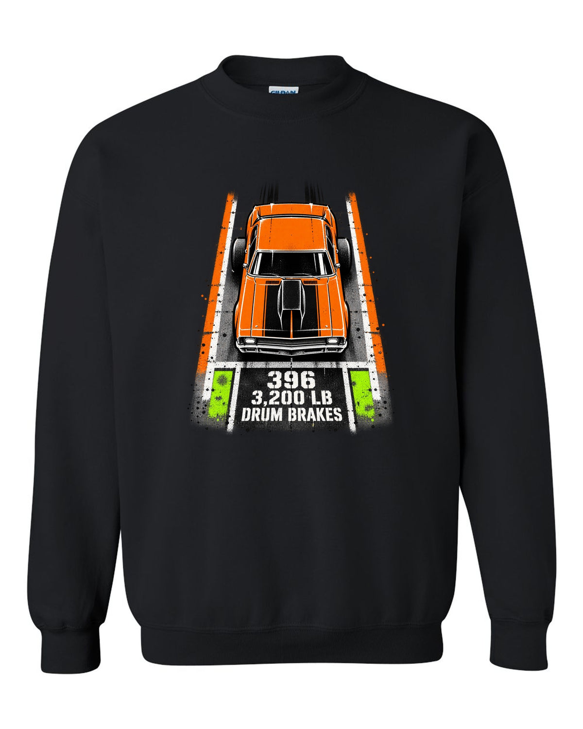 Stencil spray street art print of a 1970 Chevrolet Nova SS 396 with the text 396, 3,200 LB, Drum Brakes black crewneck front view with the design