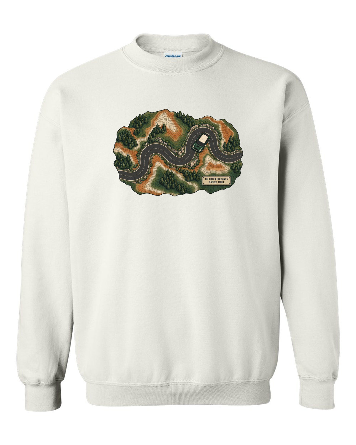Topographic route map design of a Mini Cooper S R56 with gasket fund text white crewneck front view with the design