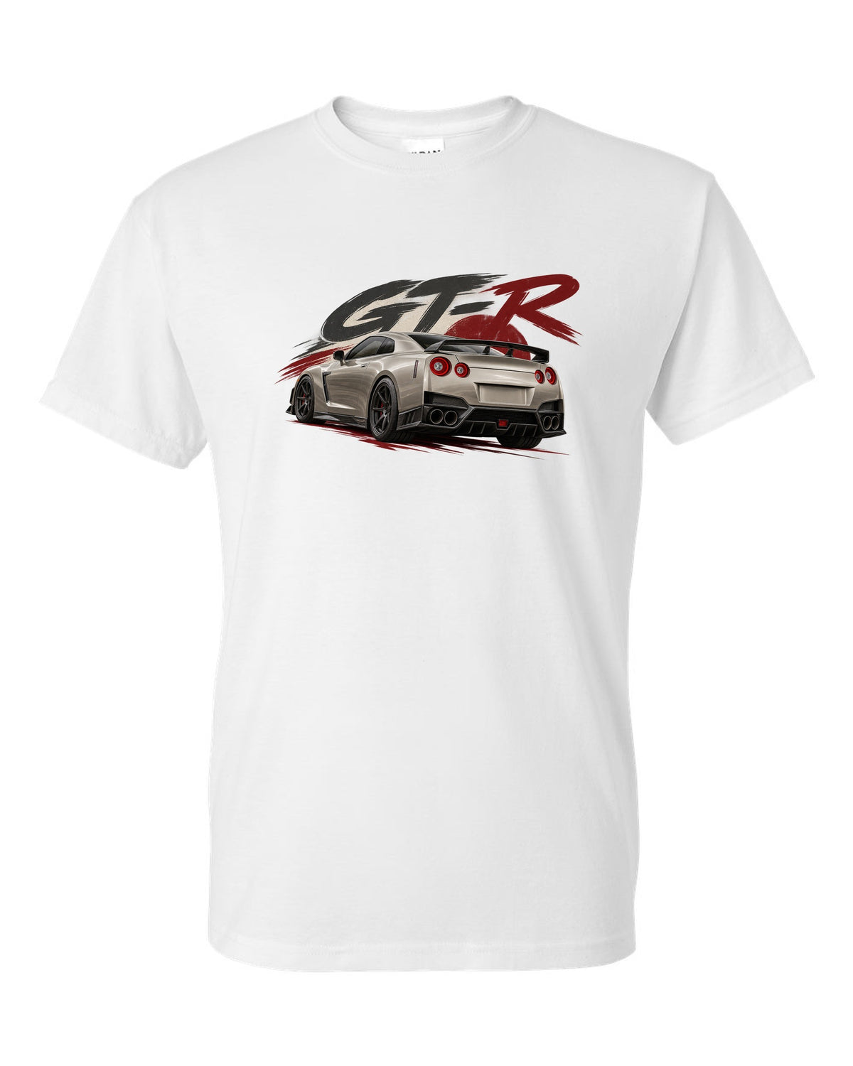Nissan GT-R R35 VR38DETT engine drawn as a poster-style hero white t-shirt front view with the design
