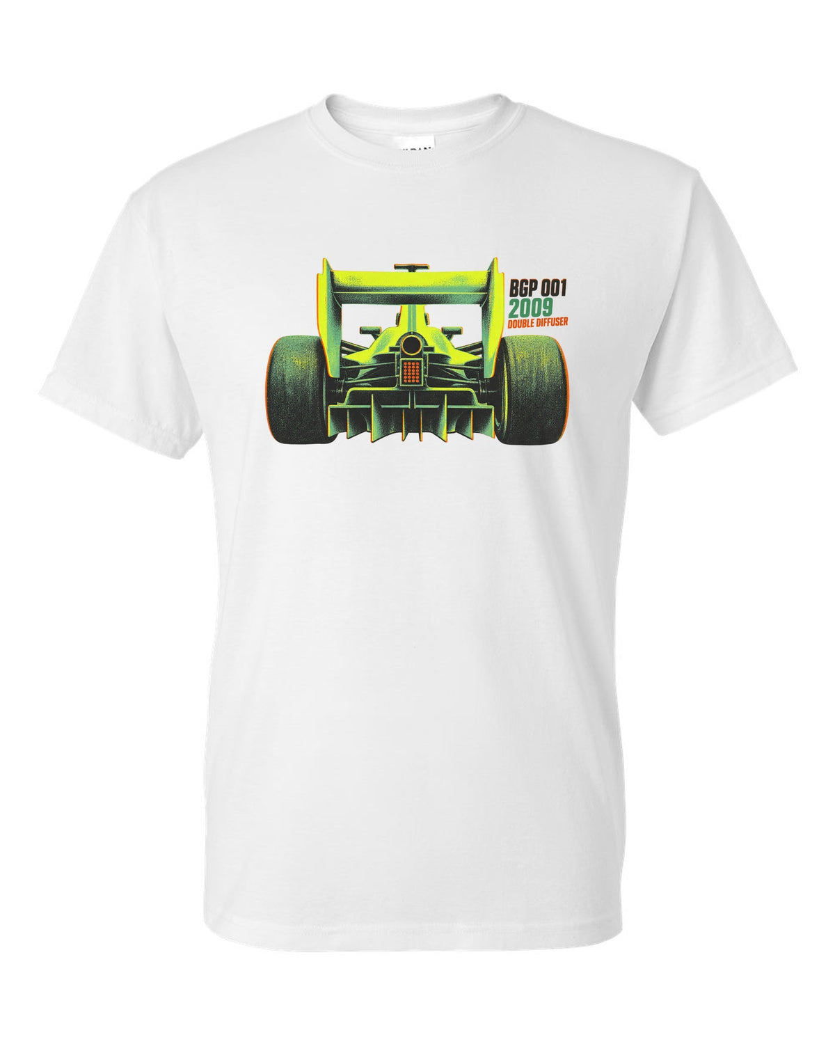 Risograph style Brawn BGP 001 Formula 1 car with double diffuser lettering white t-shirt front view with the design