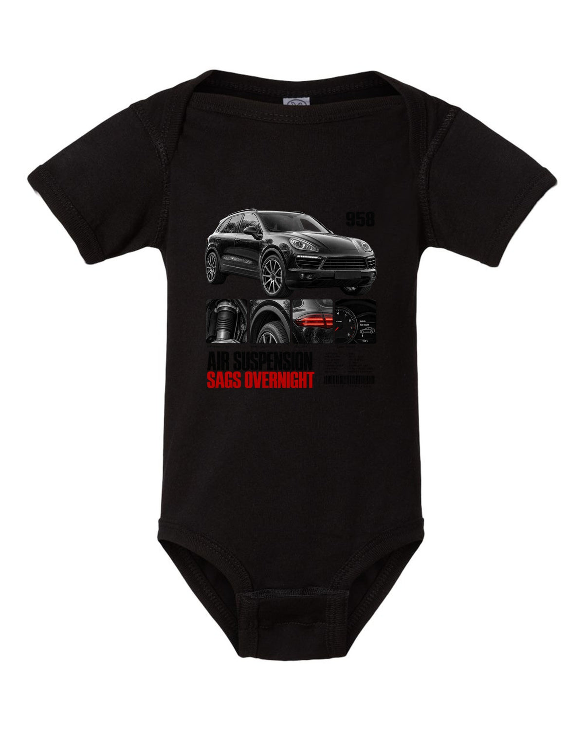 Dossier panel print of a Porsche Cayenne 958 with air suspension sags overnight caption black baby onesie front view with the design