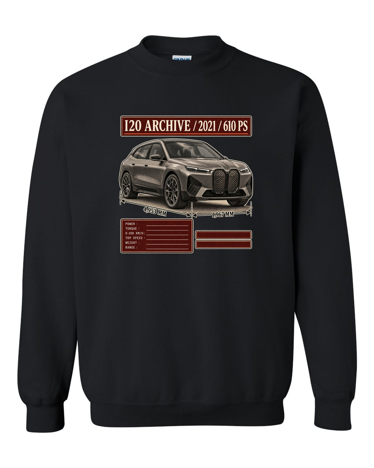 Archive panel print of the BMW iX M60 I20 with 2021 and 610 PS black crewneck front view with the design