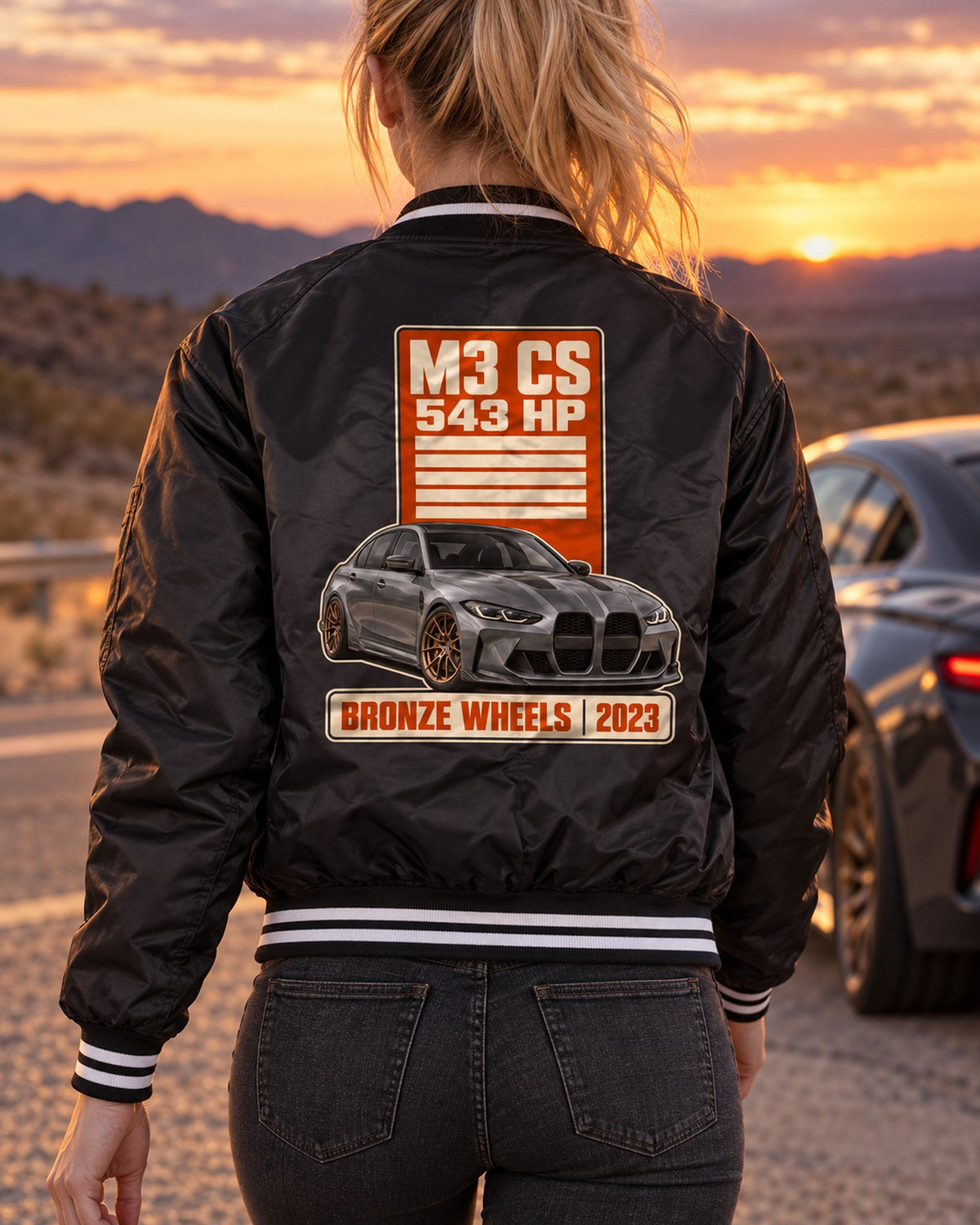 BMW M3 CS G80 Spec Poster Shirt, Bronze Wheels 2023 Tee Bomber Jacket Black worn hero