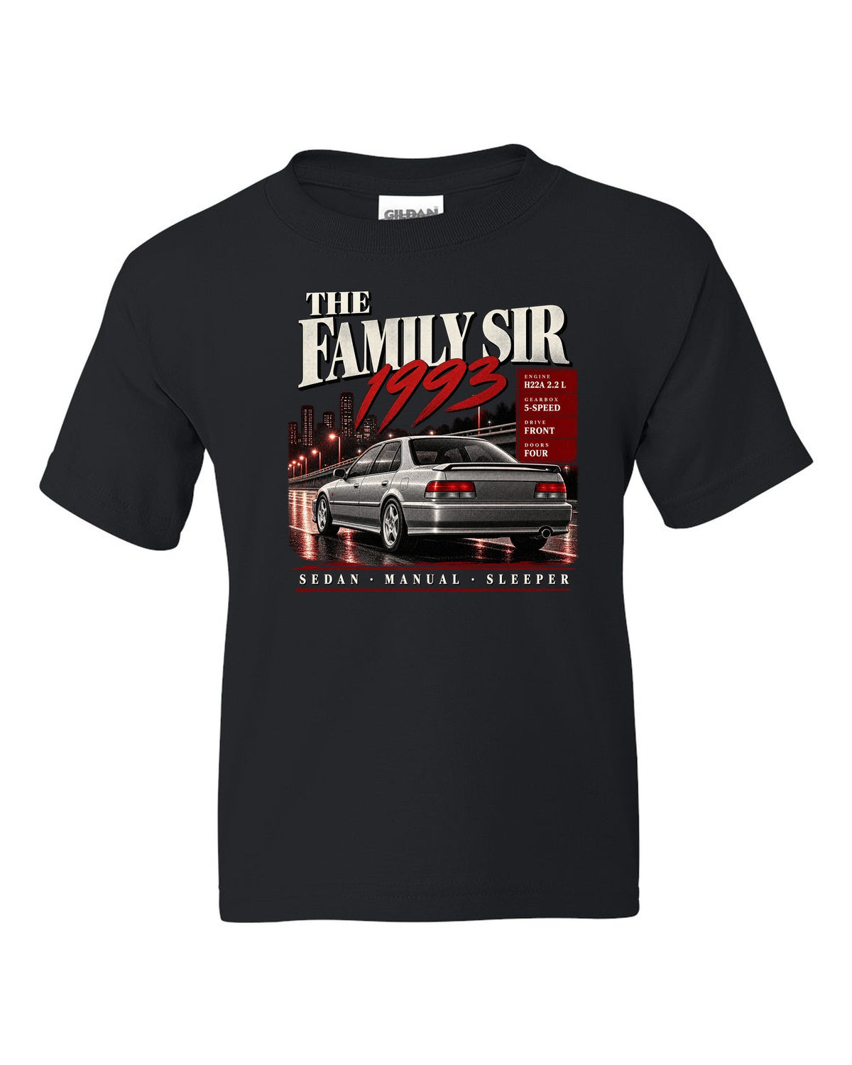 Archive panel print for the Honda Accord CD6 SiR sedan reading The Family Sir 1993 black kids tee front view with the design