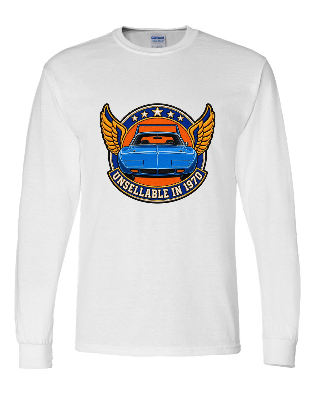 Embroidery-style varsity crest for the 1970 Plymouth Superbird with unsellable in 1970 text white long sleeve front view with the design