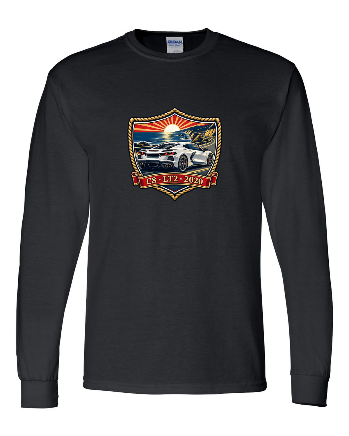 Shield crest design of a 2020 C8 mid-engine Corvette Stingray black long sleeve front view with the design
