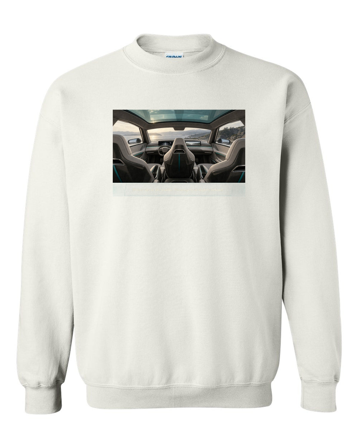 Cockpit print of a McLaren Speedtail interior with a centre driving seat white crewneck front view with the design