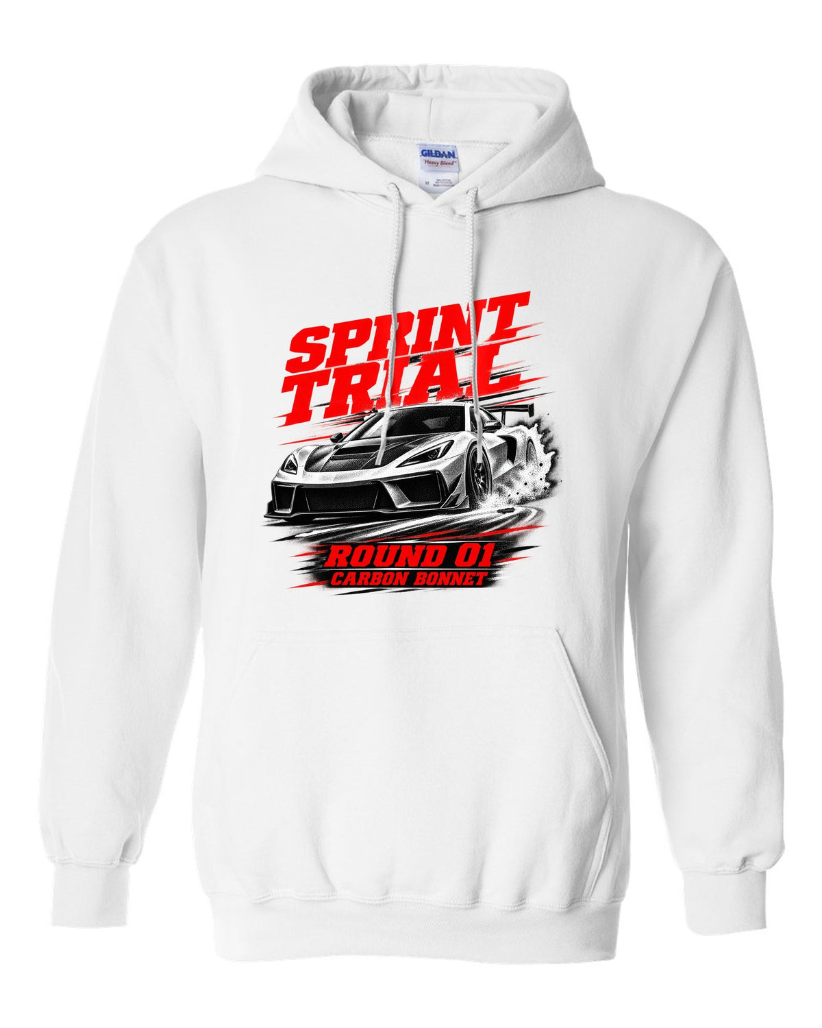 Honda NSX-R NA1 race poster design with sprint trial round 01 carbon bonnet text white pull over hoodie front view with the design