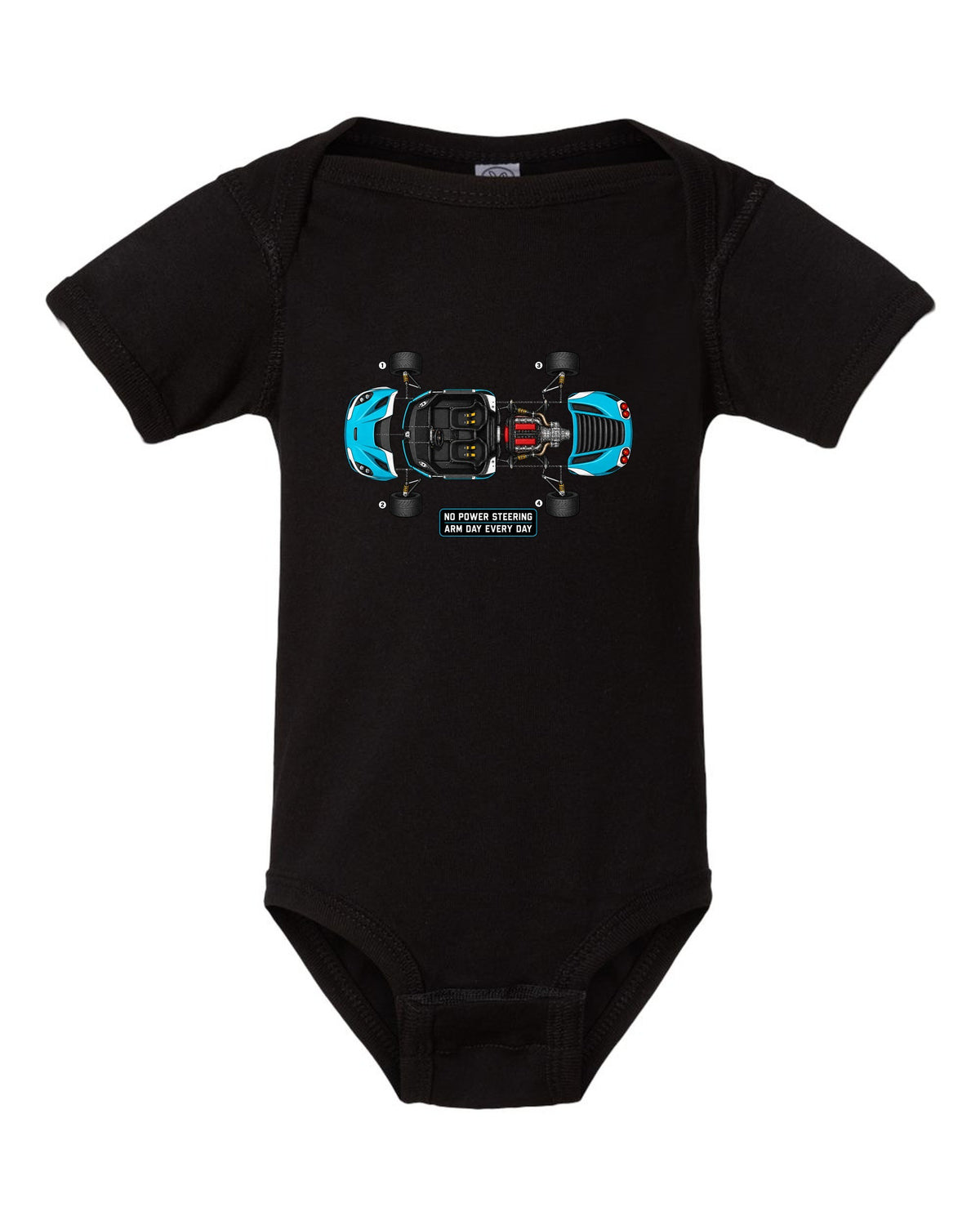 Blueprint exploded view of an Alfa Romeo 4C with no power steering arm day text black baby onesie front view with the design