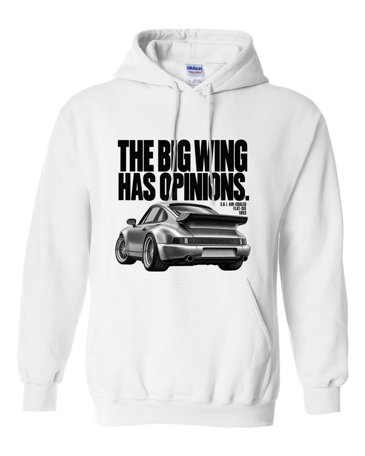 Halftone print of a Porsche 911 Turbo 3.6 964 with whale tail wing white pull over hoodie front view with the design