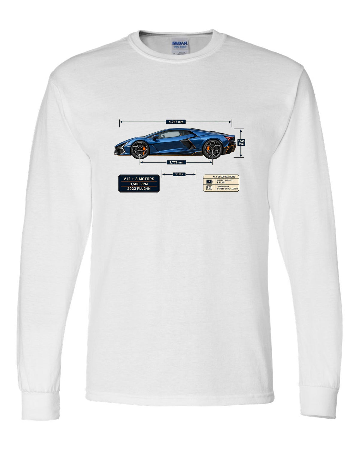 Dimension blueprint print of the Lamborghini Revuelto white long sleeve front view with the design