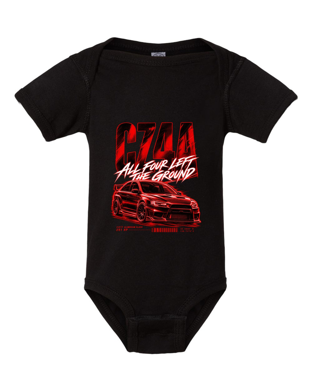 Mitsubishi Lancer Evolution X CZ4A street poster print with 4B11T and 291 HP text black baby onesie front view with the design