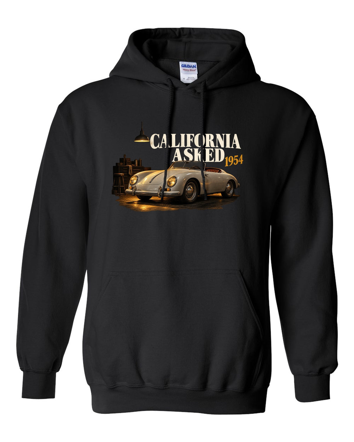 Garage night print of a 1954 Porsche 356 A Speedster with the caption California Asked black pull over hoodie front view with the design