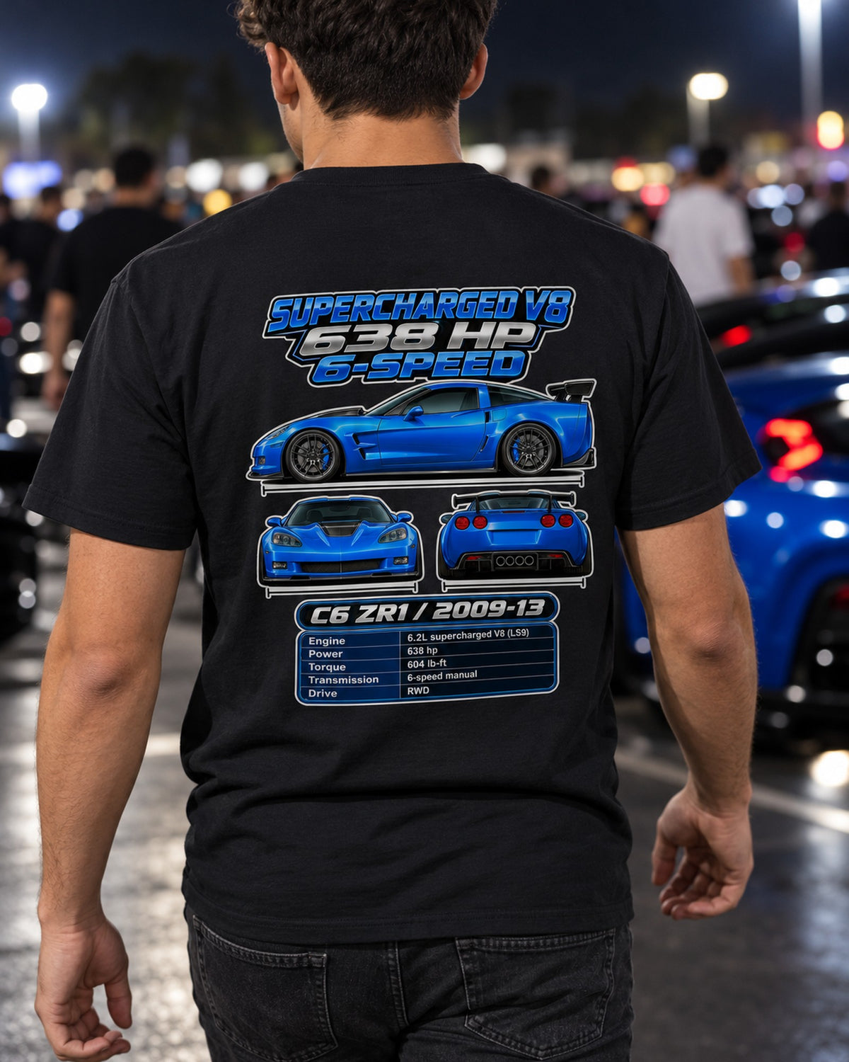 Chevrolet Corvette C6 Zr1 Spec Sheet Full-Back Graphic Tee T-Shirt Black worn hero