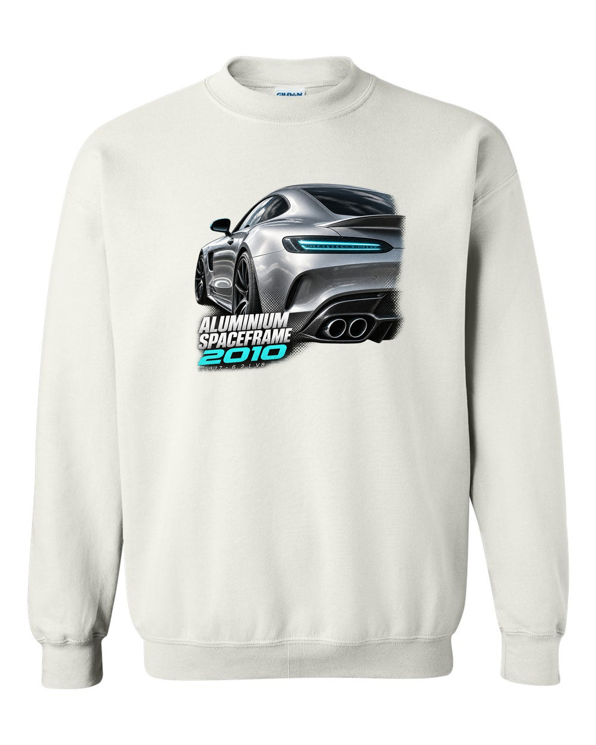 Taillight macro print of a Mercedes SLS AMG C197 with Aluminium Spaceframe 2010 lettering white crewneck front view with the design