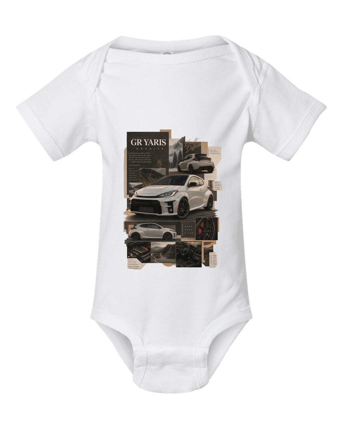 Three-view spec sheet of the Toyota GR Yaris XP210 three-door white baby onesie front view with the design
