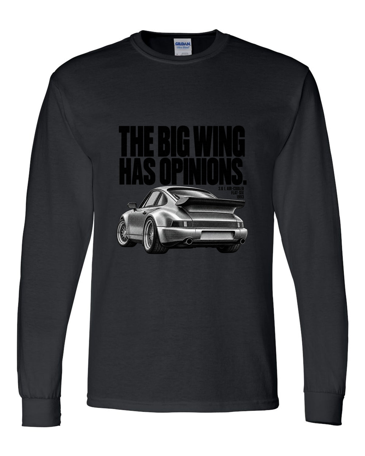 Halftone print of a Porsche 911 Turbo 3.6 964 with whale tail wing black long sleeve front view with the design