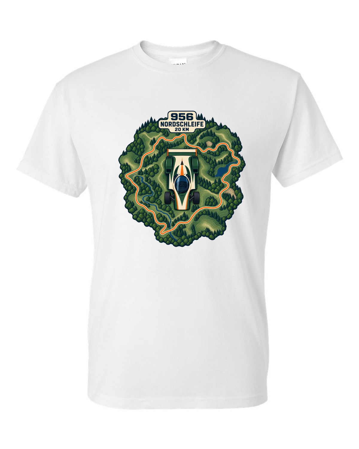 Topographic route map of the Nordschleife with Porsche 956 lettering white t-shirt front view with the design