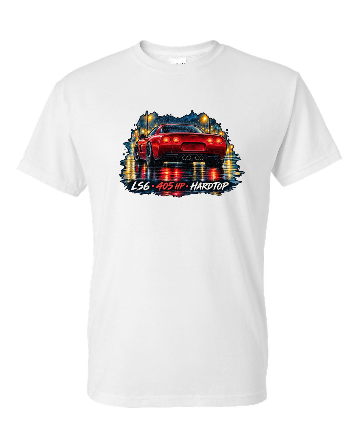 Watercolour wet-road night print of a 2002 Corvette C5 Z06 hardtop with LS6 405 HP lettering white t-shirt front view with the design