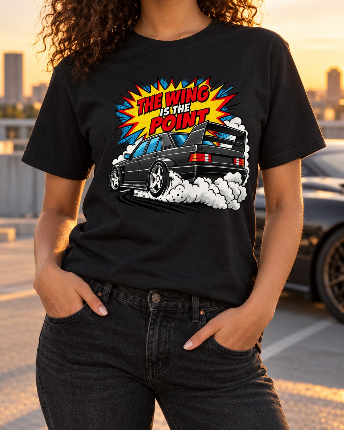 Mercedes 190E Evo II W201 Pop-Art Wing Shirt, Car Guy Gift T-Shirt Black worn hero