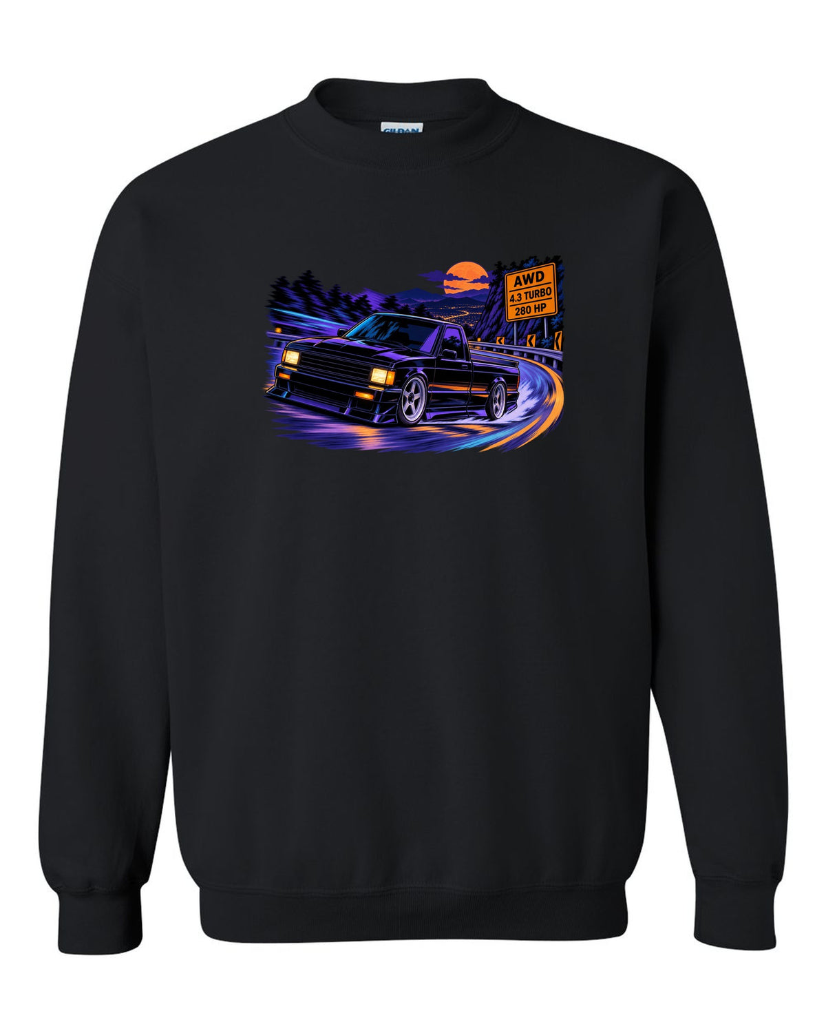 Cel-shaded anime night mountain road print of a 1991 GMC Syclone with AWD 4.3 turbo 280 HP lettering black crewneck front view with the design