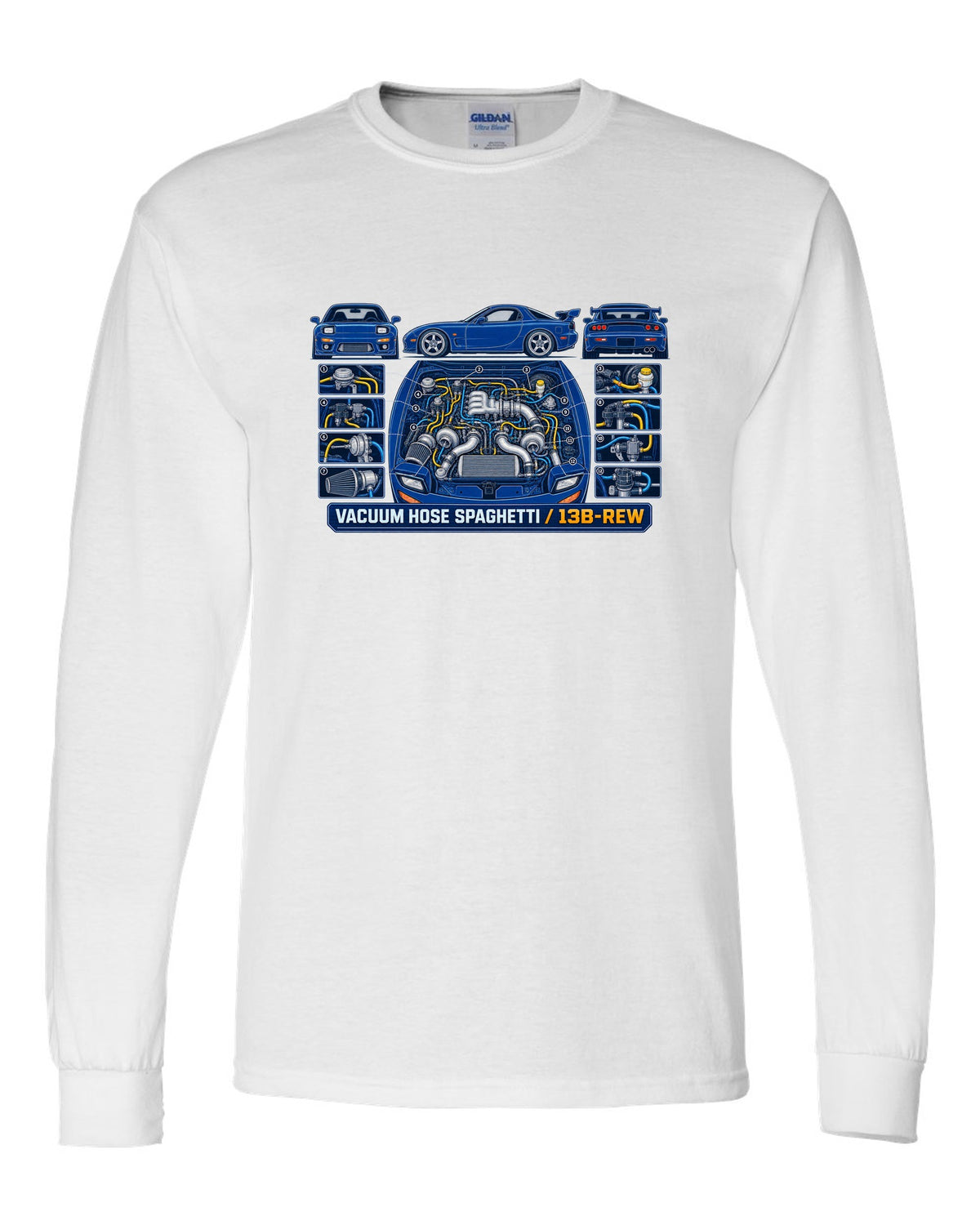 Patent drawing schematic print of a Mazda RX-7 FD3S 13B-REW with text Vacuum Hose Spaghetti white long sleeve front view with the design